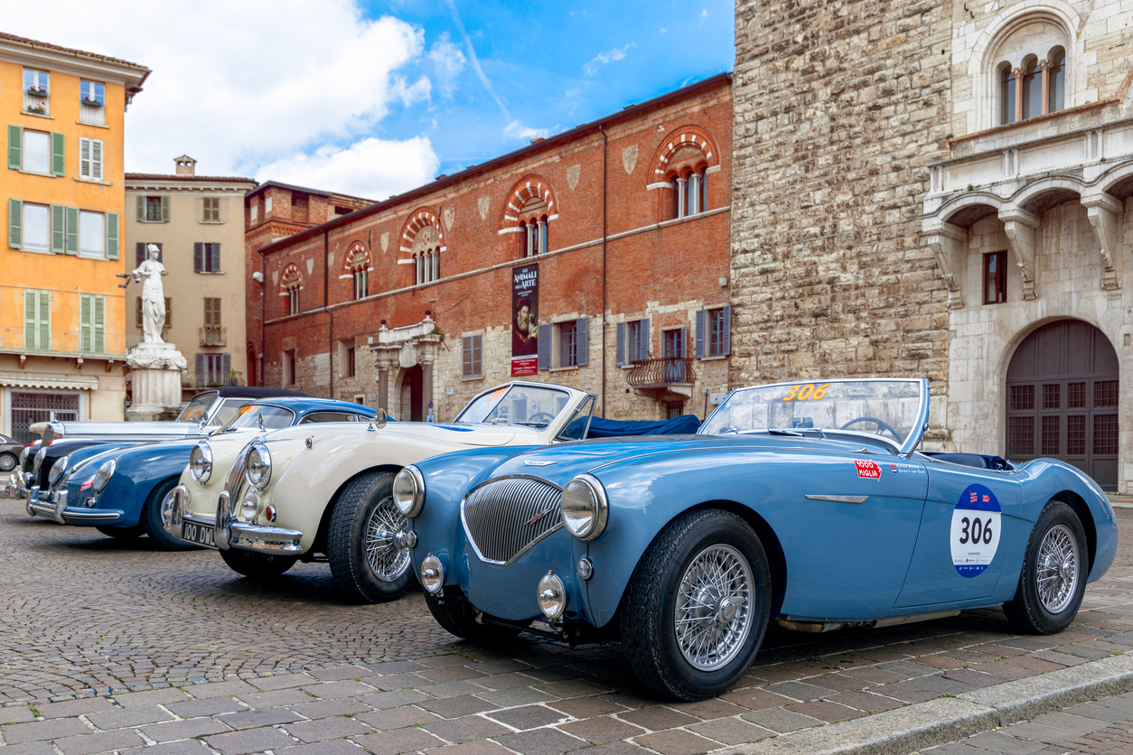 1000 Miles 2019, Brescia - Italy. May 14, 2019: The historic Mille Miglia car race. Exhibition of  historical vintage cars in the central town square of Brescia, Italy