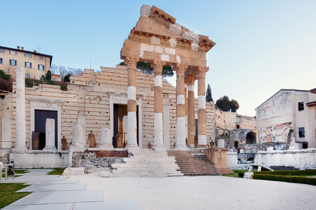 The ruins of the Capitolium or Temple of the Capitoline Triad in Brescia, in the center of the ancient Roman town of Brixia